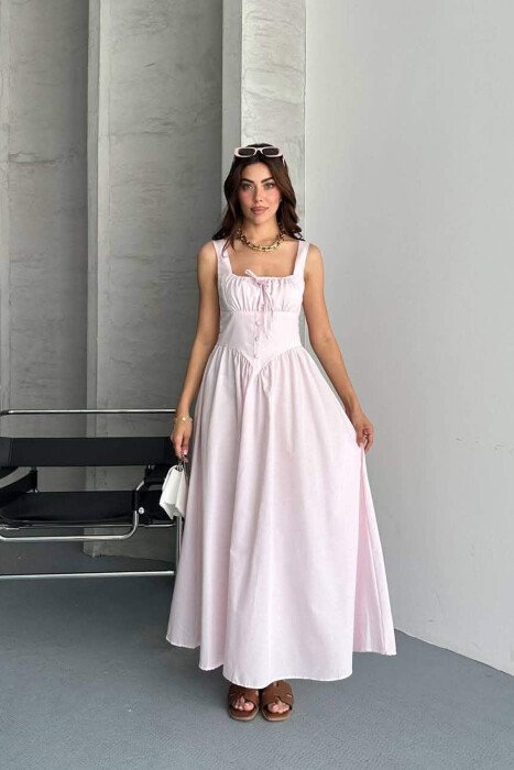 ONE COLOR THICK STRAPS LONG WOMEN DRESS PINK/ROZE 