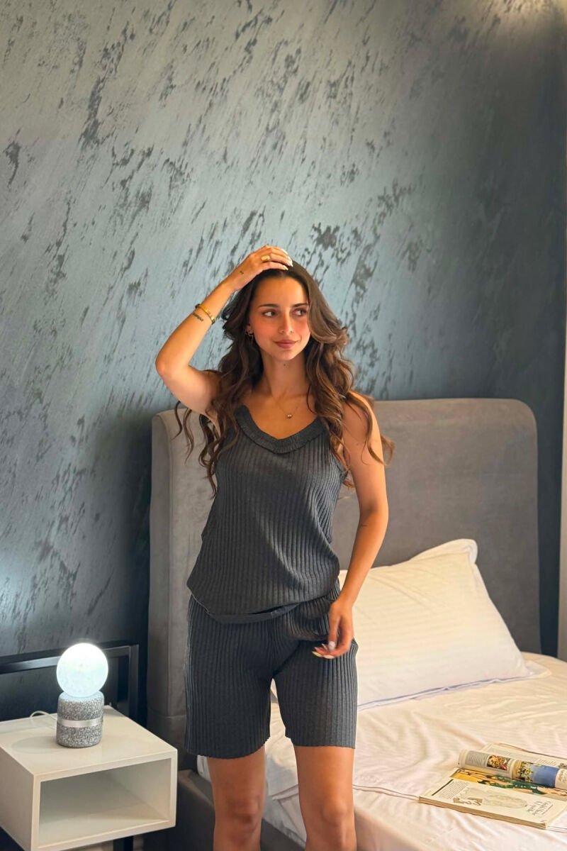 ONE COLOR THIN STRAP TANK TOP+SHORTS WOMEN PYJAMAS DARK GREY/GEE - 1