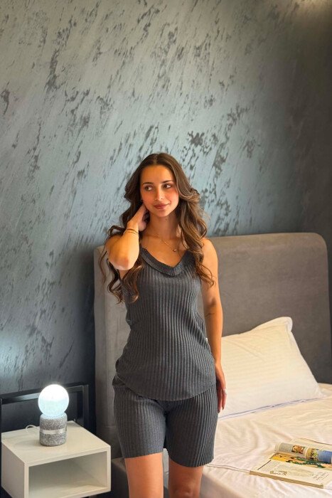 ONE COLOR THIN STRAP TANK TOP+SHORTS WOMEN PYJAMAS DARK GREY/GEE - 4