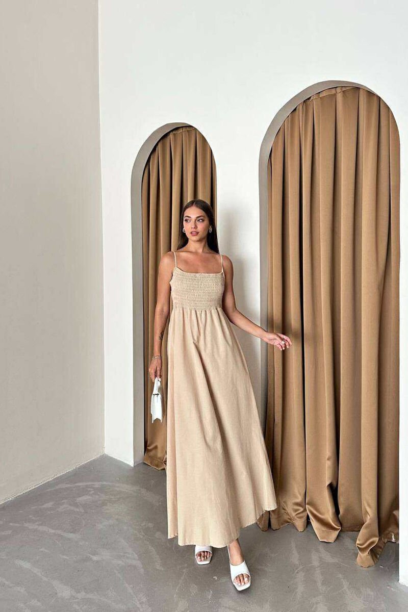 ONE COLOR THIN STRAPS LONG WOMEN DRESS BEIGE/BEZHE - 1