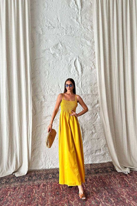 ONE COLOR THIN STRAPS LONG WOMEN DRESS MUSTARD/MUSTARDE - 3