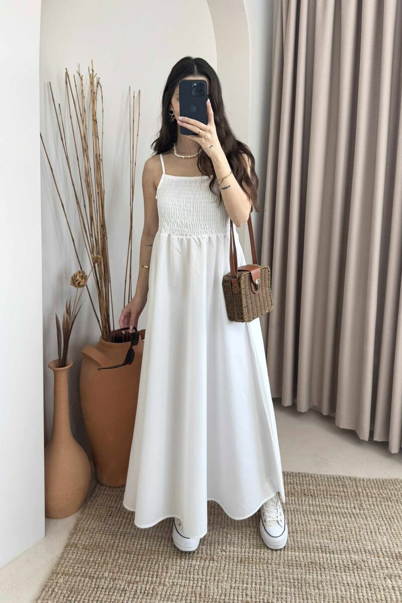 ONE COLOR THIN STRAPS LONG WOMEN DRESS WHITE-E BARDHE - 1