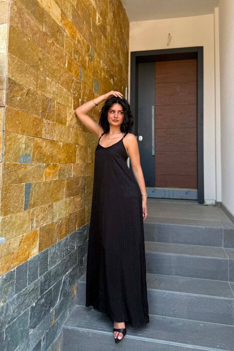 ONE COLOR THIN STRAPS SHINY WOMEN DRESS BLACK/ E ZEZE - 4