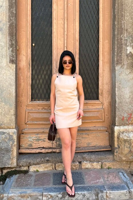 ONE COLOR THIN STRAPS WOMEN DRESS BEIGE/BEZHE 