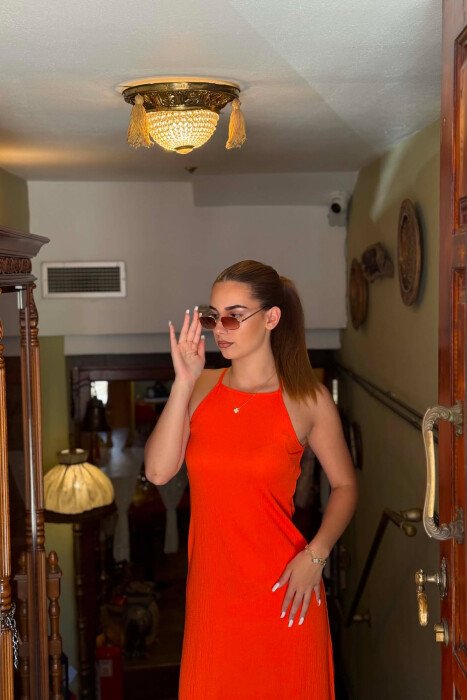 ONE COLOR THIN STRAPS WOMEN DRESS ORANGE/PORTOKALLI - 4