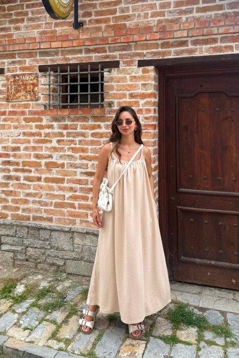 ONE COLOR THIN STRIPES LONG WOMAN DRESS BEIGE/BEZHE - KLAUDIO FASHION