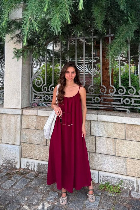 ONE COLOR THIN STRIPES LONG WOMAN DRESS BURGUNDY/VISHNJE - KLAUDIO FASHION
