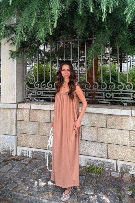 ONE COLOR THIN STRIPES LONG WOMAN DRESS DARK BEIGE/BEZHE ERRET - KLAUDIO FASHION