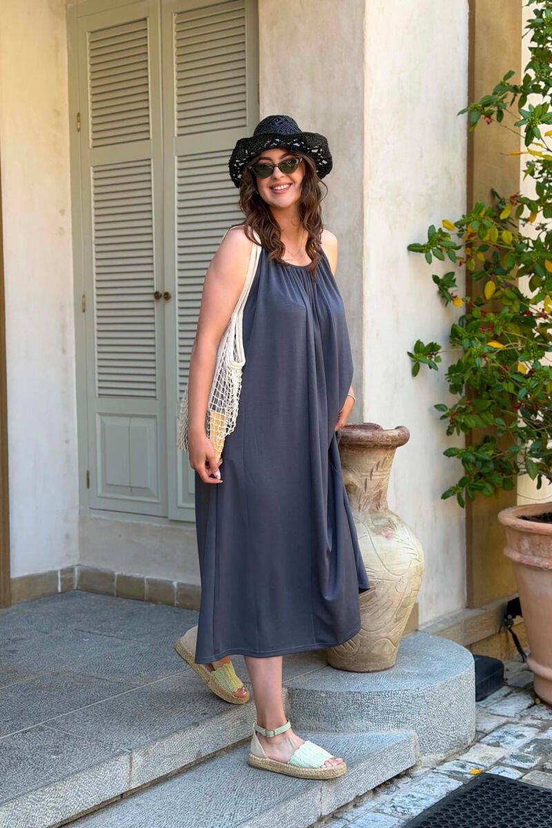 ONE COLOR THIN STRIPES LONG WOMAN DRESS DARK GREY/GEE - 2