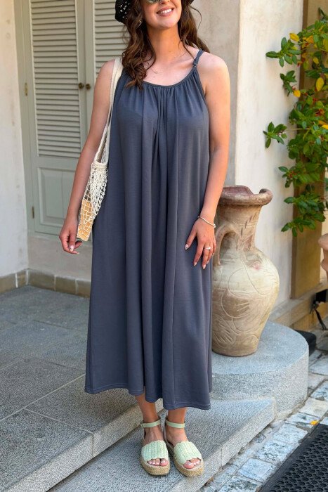 ONE COLOR THIN STRIPES LONG WOMAN DRESS DARK GREY/GEE - 5