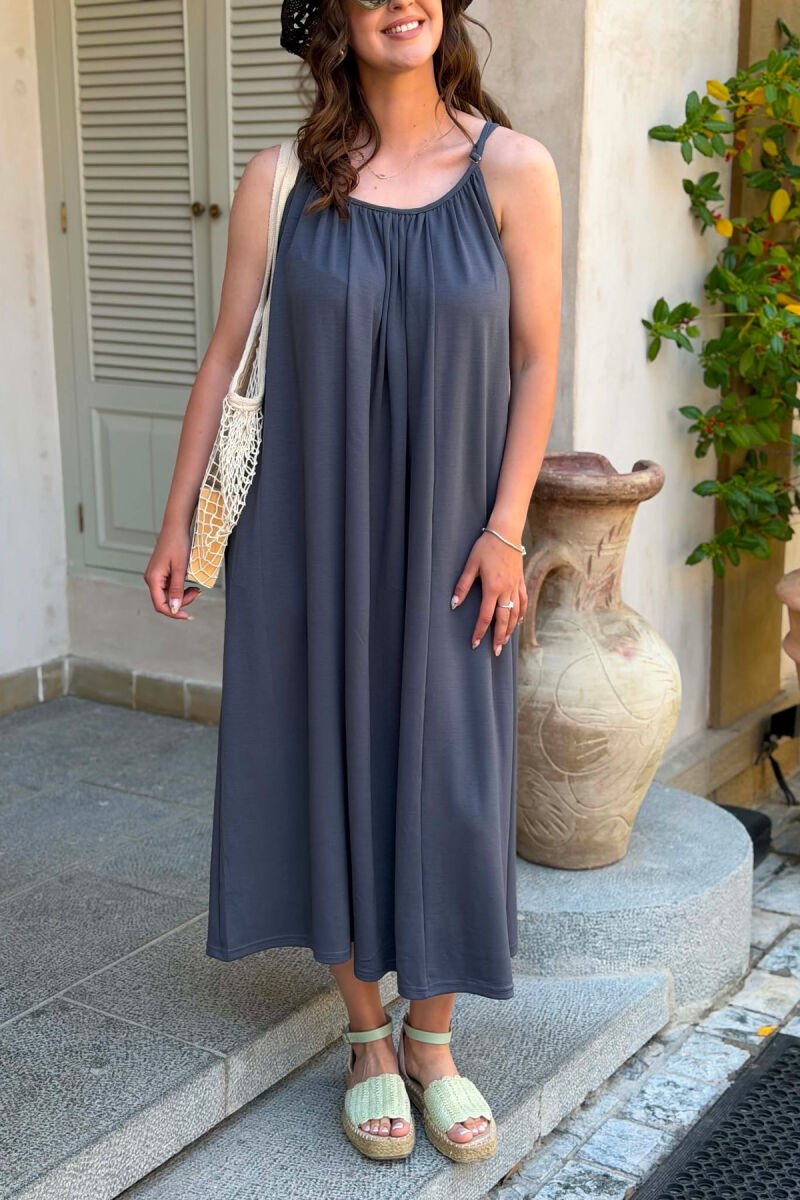 ONE COLOR THIN STRIPES LONG WOMAN DRESS DARK GREY/GEE - 5