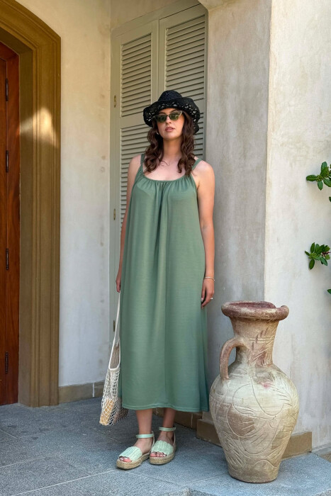 ONE COLOR THIN STRIPES LONG WOMAN DRESS GREEN/JESHILE 