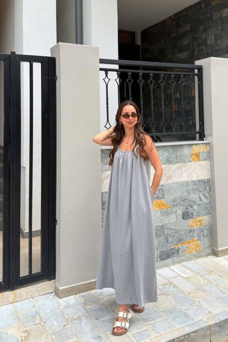 ONE COLOR THIN STRIPES LONG WOMAN DRESS GREY/GRI - KLAUDIO FASHION