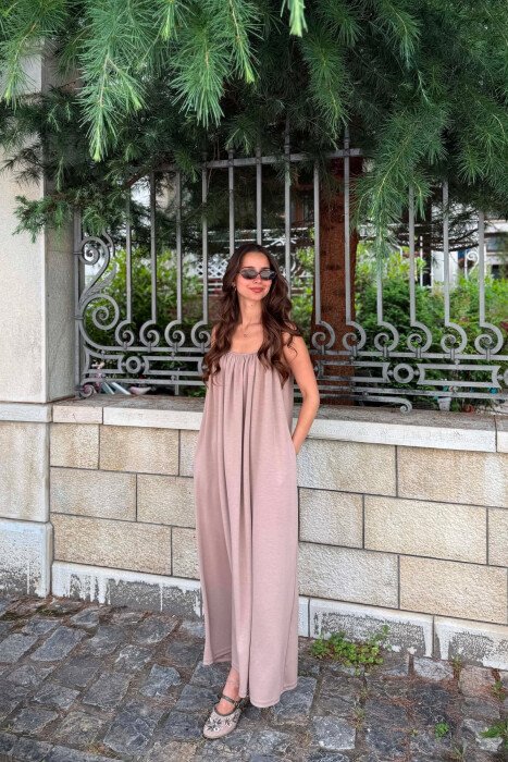 ONE COLOR THIN STRIPES LONG WOMAN DRESS LIGHT BROWN/KAZB - KLAUDIO FASHION