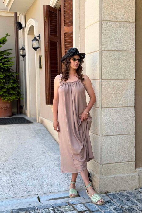 ONE COLOR THIN STRIPES LONG WOMAN DRESS LIGHT BROWN/KAZB - 2
