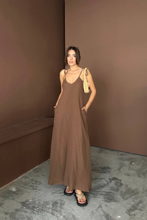 ONE COLOR THIN STRIPES WOMAN DRESS BROWN/KAFE - 3
