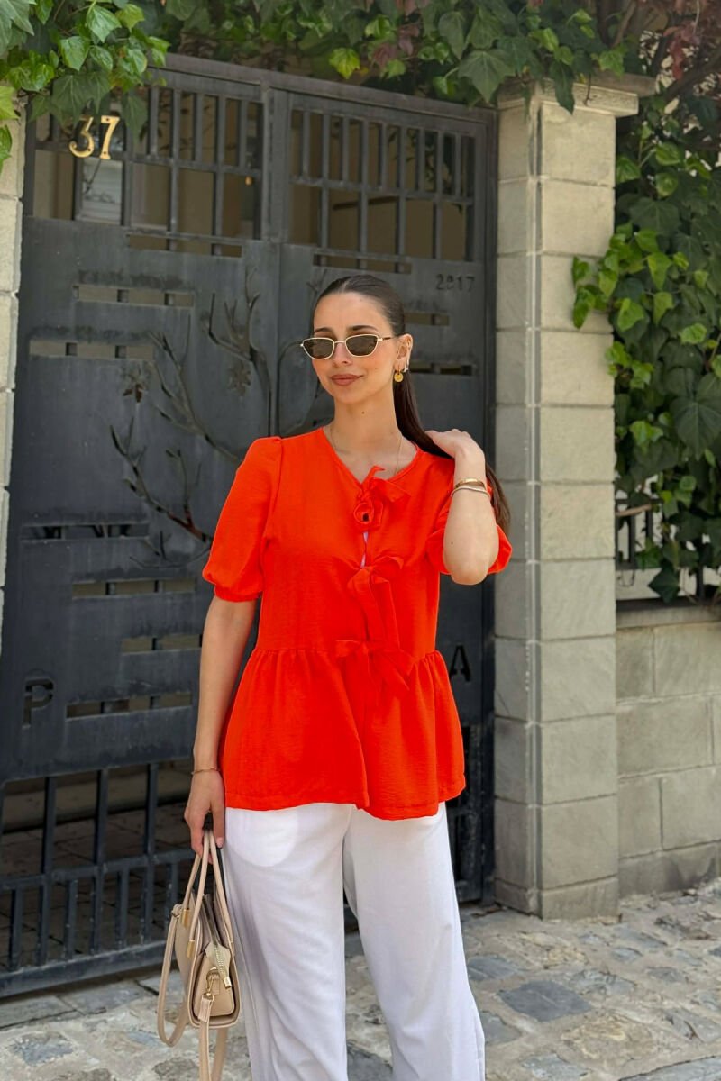 ONE COLOR TIE UP OPEN FRONT WOMAN T-SHIRT ORANGE/PORTOKALLI - 1