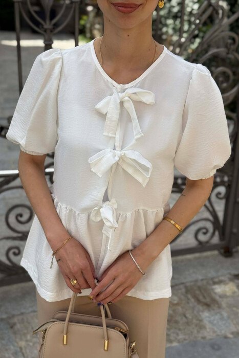 ONE COLOR TIE UP OPEN FRONT WOMAN T-SHIRT WHITE-E BARDHE - 3