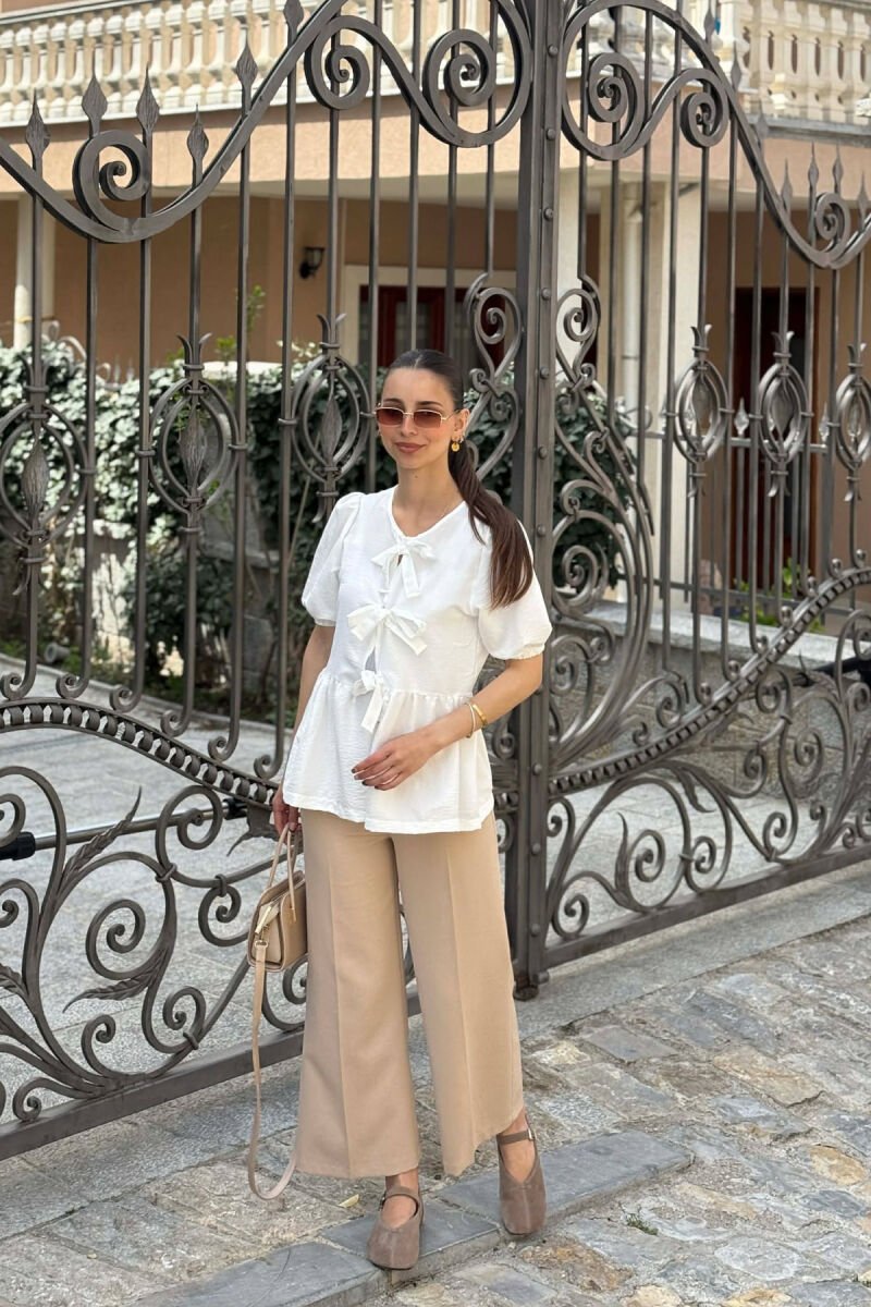 ONE COLOR TIE UP OPEN FRONT WOMAN T-SHIRT WHITE-E BARDHE - 4