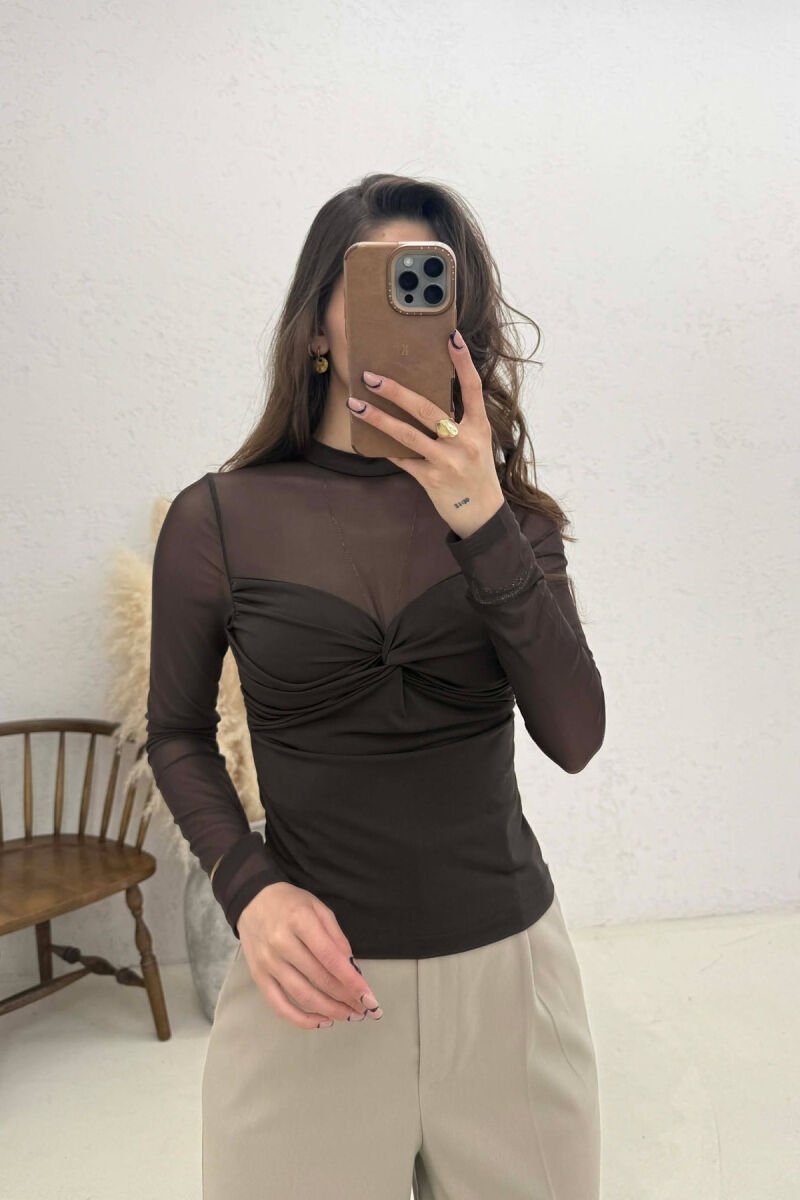 ONE COLOR TULLE DESIGN WOMAN SWEATSHIRT BROWN/KAFE - 1