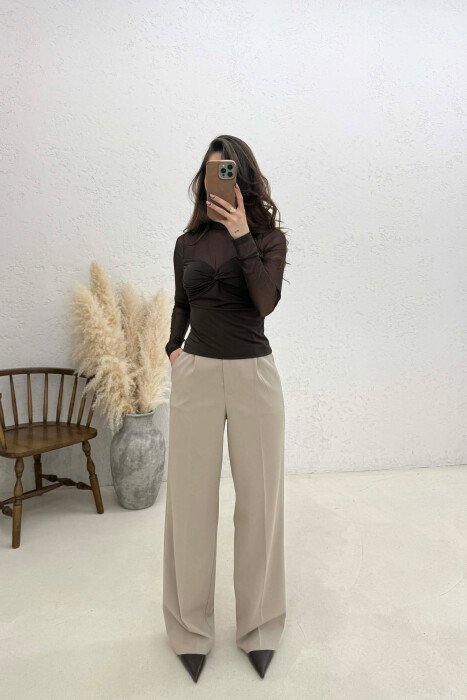 ONE COLOR TULLE DESIGN WOMAN SWEATSHIRT BROWN/KAFE - 2