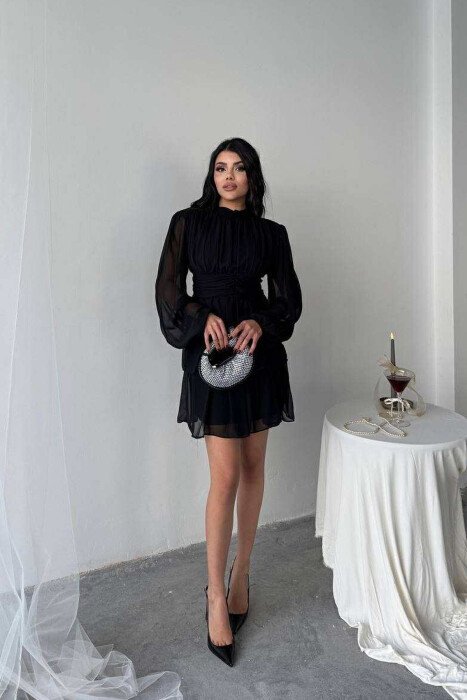 ONE COLOR TULLE DESIGN WOMEN DRESS BLACK/ E ZEZE - 3
