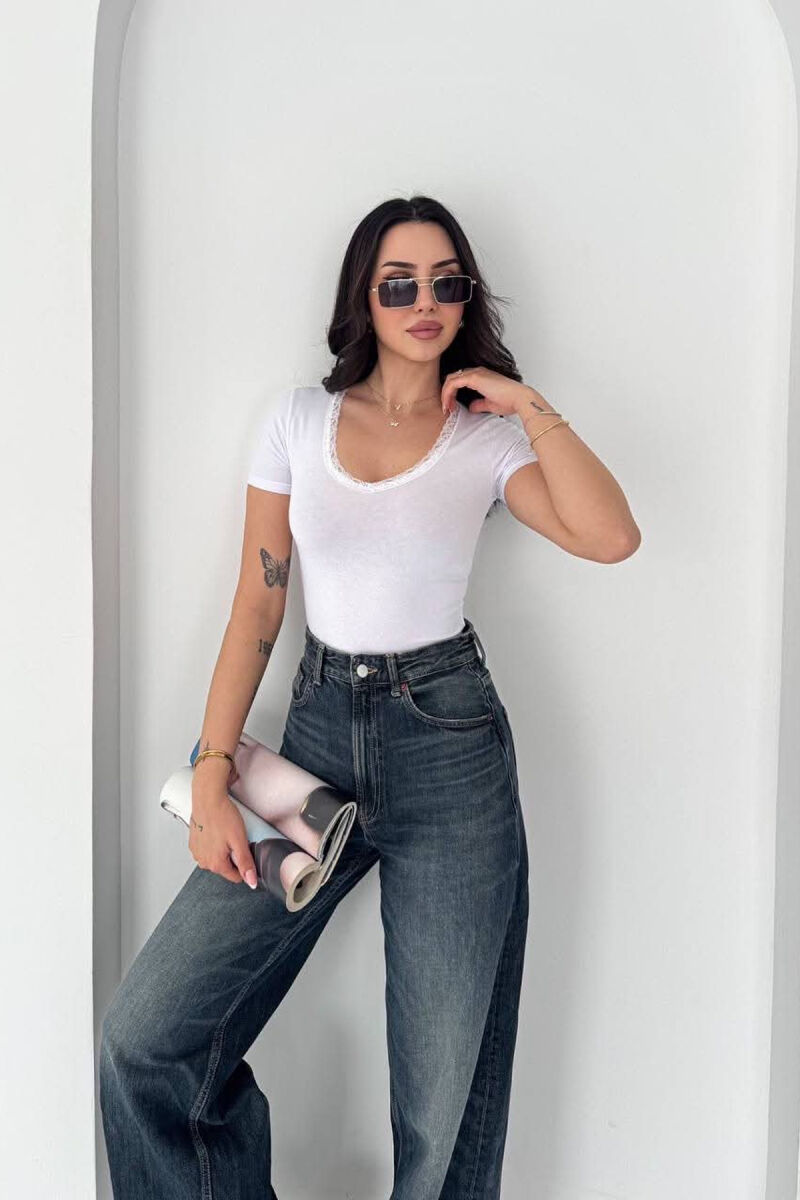 ONE COLOR TULLE DETAIL V NECK WOMAN T-SHIRT WHITE-E BARDHE - 1