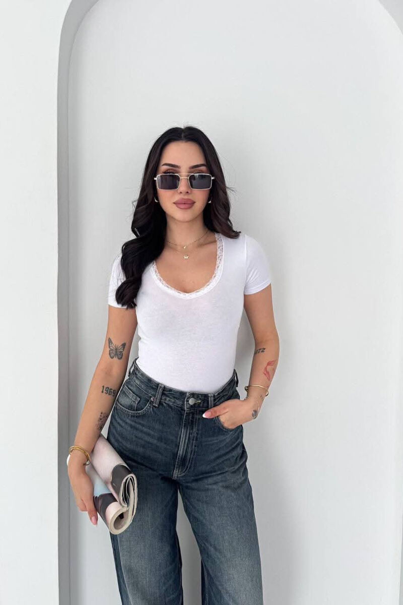 ONE COLOR TULLE DETAIL V NECK WOMAN T-SHIRT WHITE-E BARDHE - 2