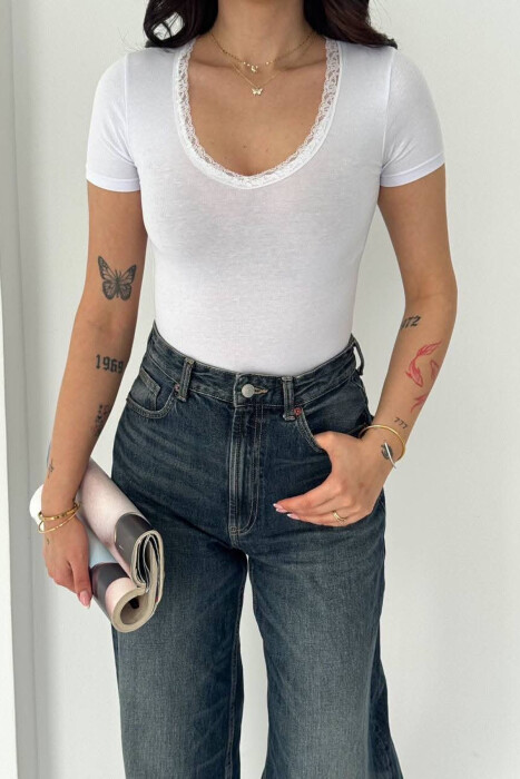 ONE COLOR TULLE DETAIL V NECK WOMAN T-SHIRT WHITE-E BARDHE - 3