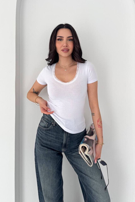 ONE COLOR TULLE DETAIL V NECK WOMAN T-SHIRT WHITE-E BARDHE - 4