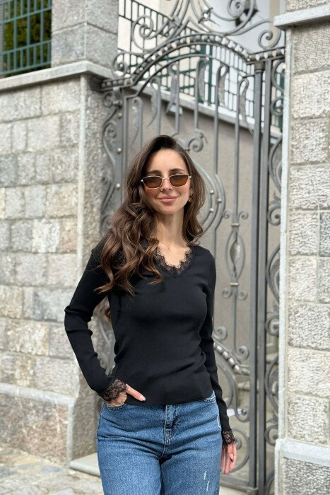 ONE COLOR TULLE DETAIL V NECK WOMEN SWEATER BLACK/ E ZEZE - 1