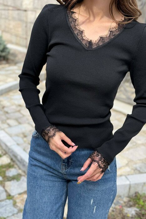 ONE COLOR TULLE DETAIL V NECK WOMEN SWEATER BLACK/ E ZEZE - 2