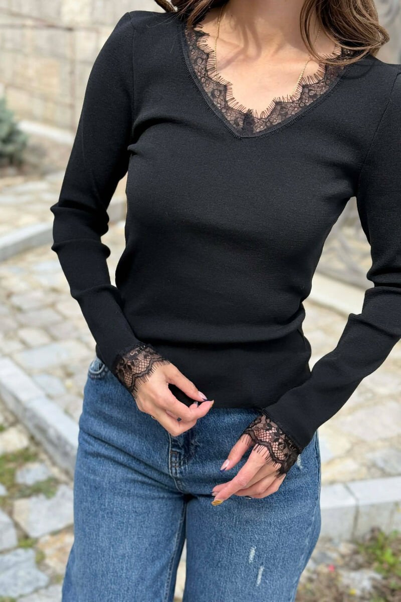 ONE COLOR TULLE DETAIL V NECK WOMEN SWEATER BLACK/ E ZEZE - 2