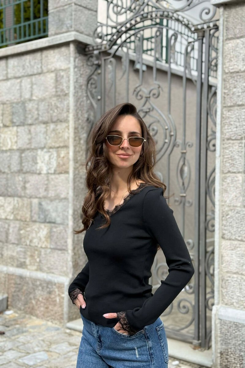 ONE COLOR TULLE DETAIL V NECK WOMEN SWEATER BLACK/ E ZEZE - 4