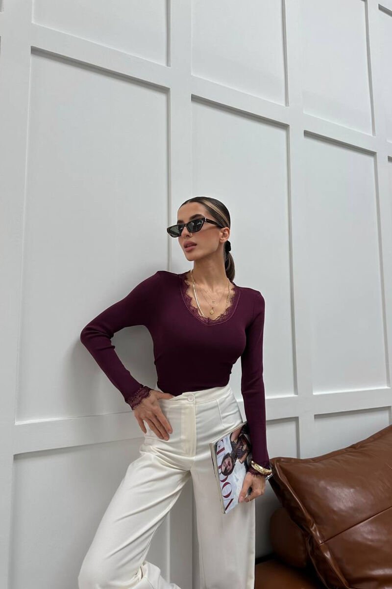 ONE COLOR TULLE DETAIL V NECK WOMEN SWEATER DARK PURPLE/LEJLA ERRET - 1