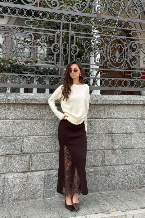 ONE COLOR TULLE DETAIL WOMAN SKIRT BROWN/KAFE - KLAUDIO FASHION