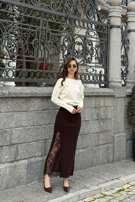 ONE COLOR TULLE DETAIL WOMAN SKIRT BROWN/KAFE - 3
