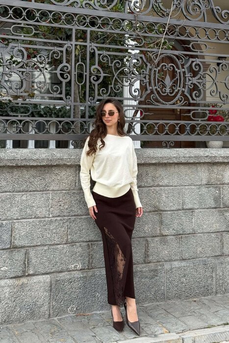 ONE COLOR TULLE DETAIL WOMAN SKIRT BROWN/KAFE - 6