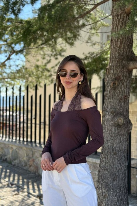 ONE COLOR TULLE DETAIL WOMAN SWEATSHIRT BROWN/KAFE - 1