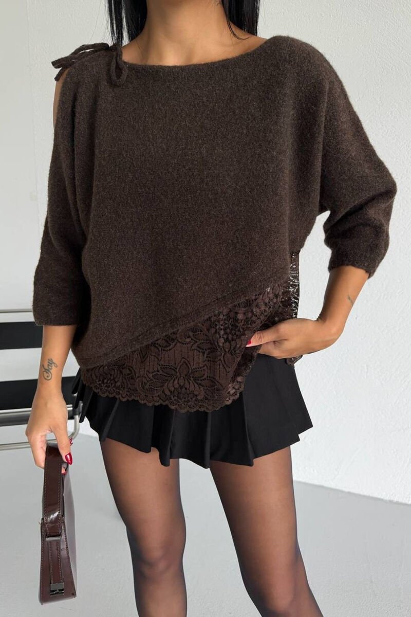 ONE COLOR TULLE DETAIL WOMAN SWEATER BROWN/KAFE - 1