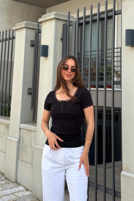ONE COLOR TULLE DETAIL WOMAN T-SHIRT BLACK/ E ZEZE - 5