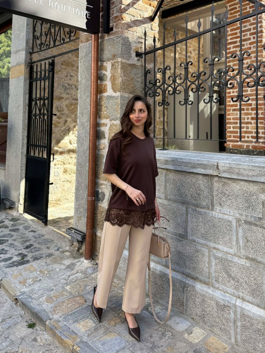 ONE COLOR TULLE DETAIL WOMAN T-SHIRT BROWN/KAFE - 2