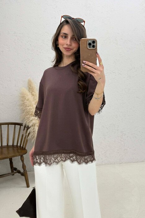 ONE COLOR TULLE DETAIL WOMAN T- SHIRT BROWN/KAFE - 2