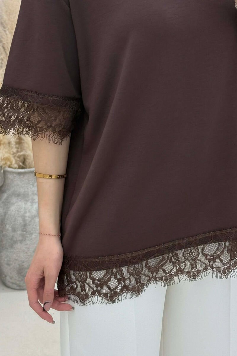 ONE COLOR TULLE DETAIL WOMAN T- SHIRT BROWN/KAFE - 5