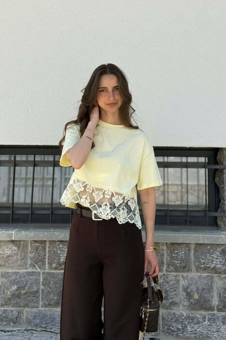 ONE COLOR TULLE DETAIL WOMAN T-SHIRT LEMON/ LIMON 