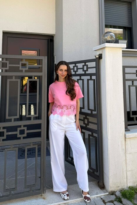 ONE COLOR TULLE DETAIL WOMAN T-SHIRT PINK/ROZE - 4
