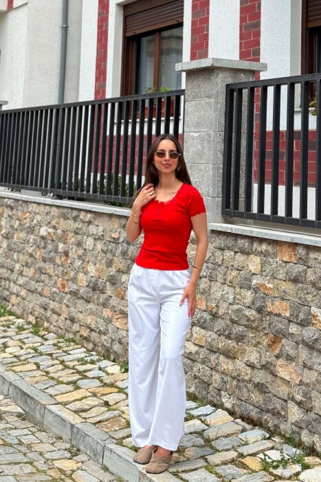 ONE COLOR TULLE DETAIL WOMAN T-SHIRT RED/E KUQE - 5