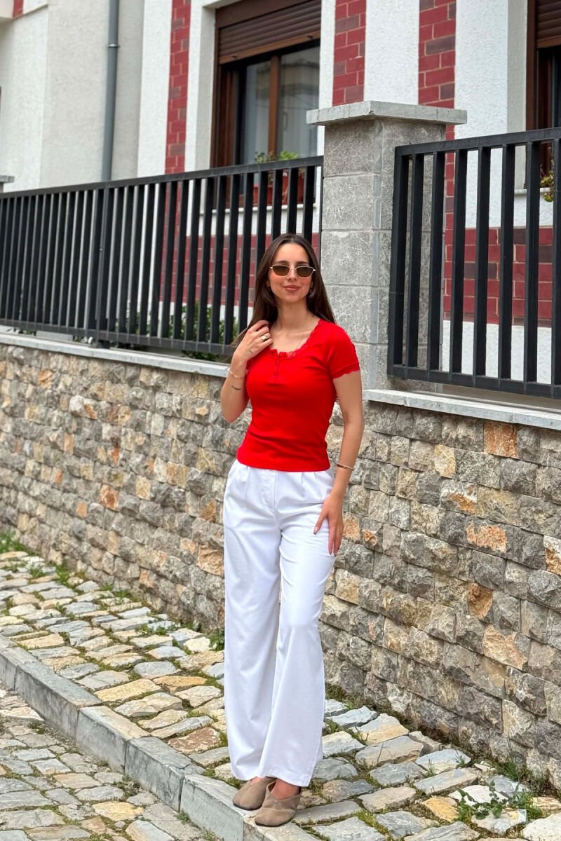 ONE COLOR TULLE DETAIL WOMAN T-SHIRT RED/E KUQE - 5