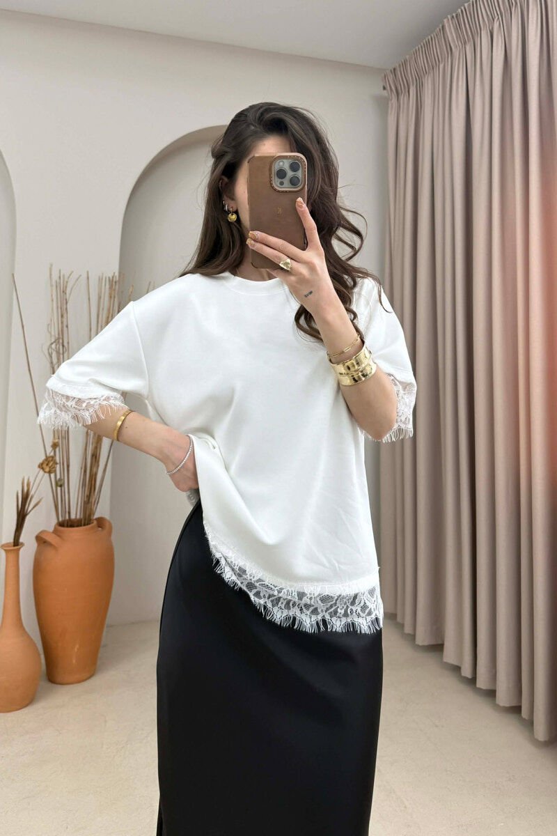 ONE COLOR TULLE DETAIL WOMAN T- SHIRT WHITE-E BARDHE - 1