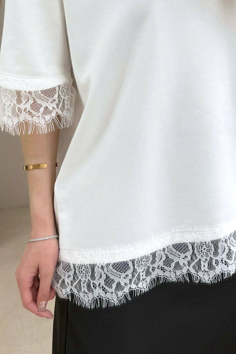 ONE COLOR TULLE DETAIL WOMAN T- SHIRT WHITE-E BARDHE - 4